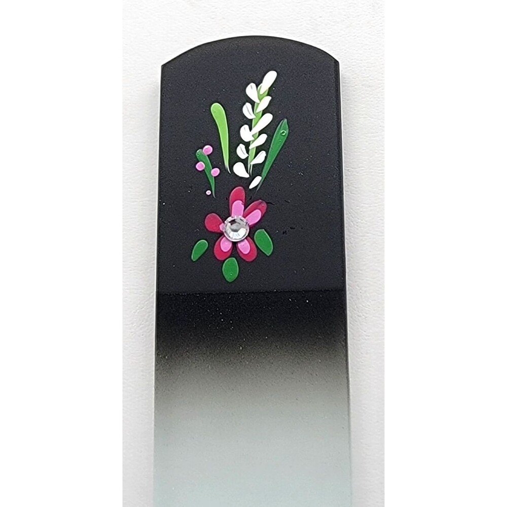 Glass Foot Nail File Pink Flower Czech Crystal Pedicure Duo Scraper Bar Black